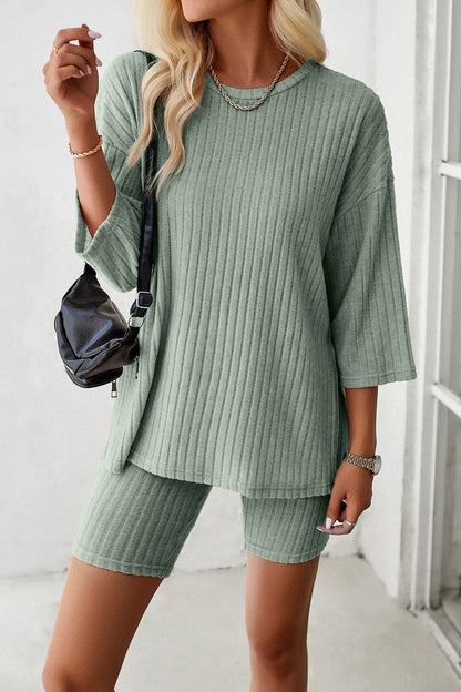 Ribbed Round Neck Top and Shorts Set.