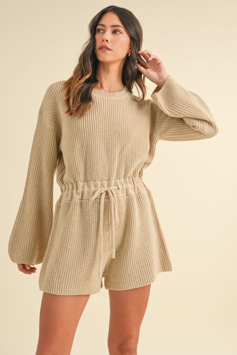 Cozy chic long sleeve sweater romper with drawstring waist