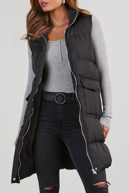 Stylish black longline windproof puffer vest with convenient pockets