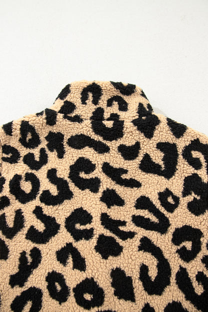 Premium Khaki Leopard Sherpa Button Front Plus Size Vest Jacket