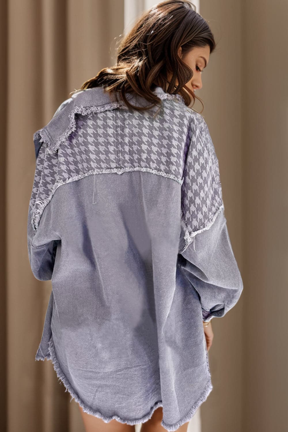 Houndstooth Raw Hem Dropped Shoulder Jacket.