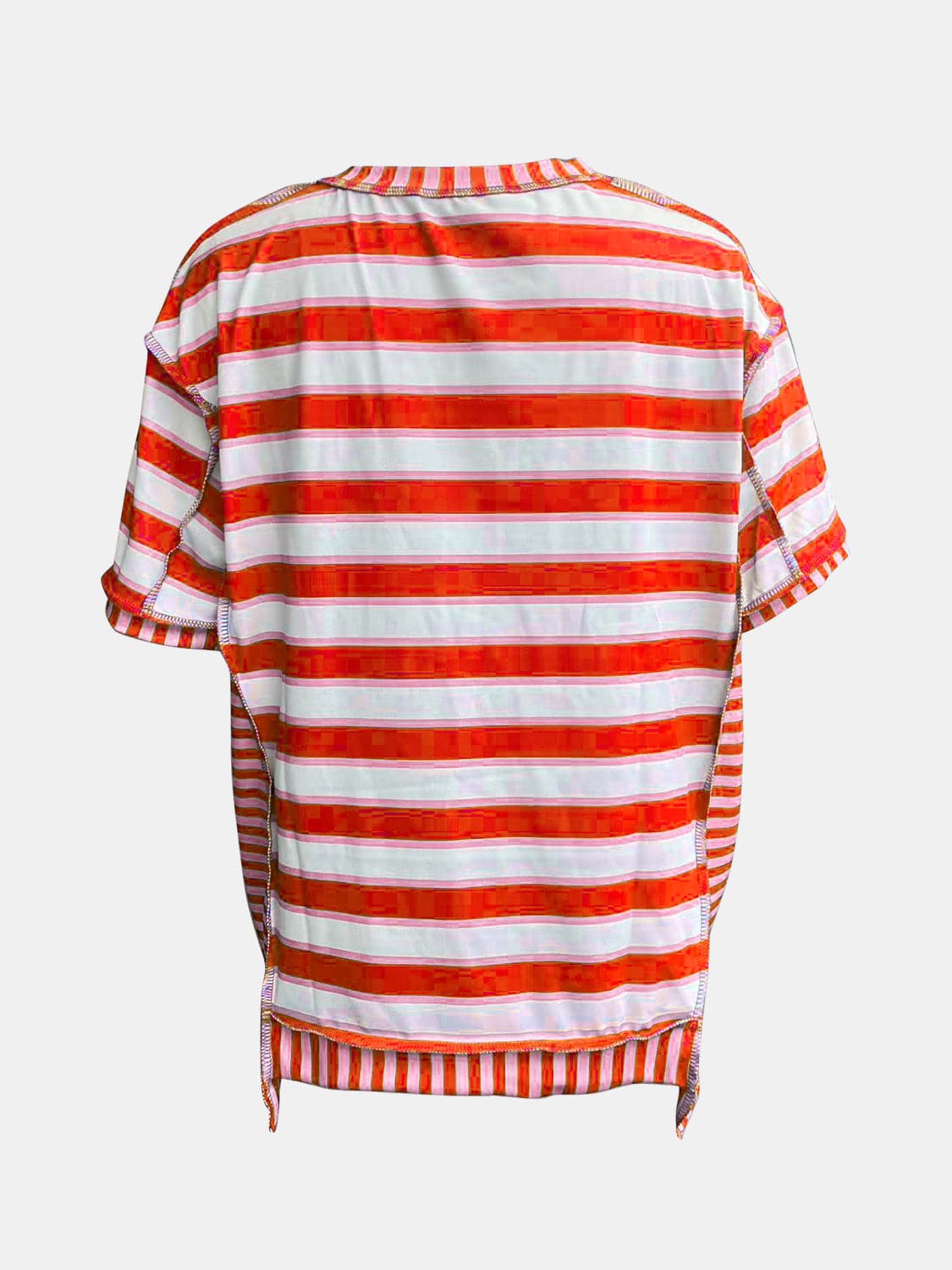 Full Size Contrast Stitching Striped Round Neck T-Shirt.