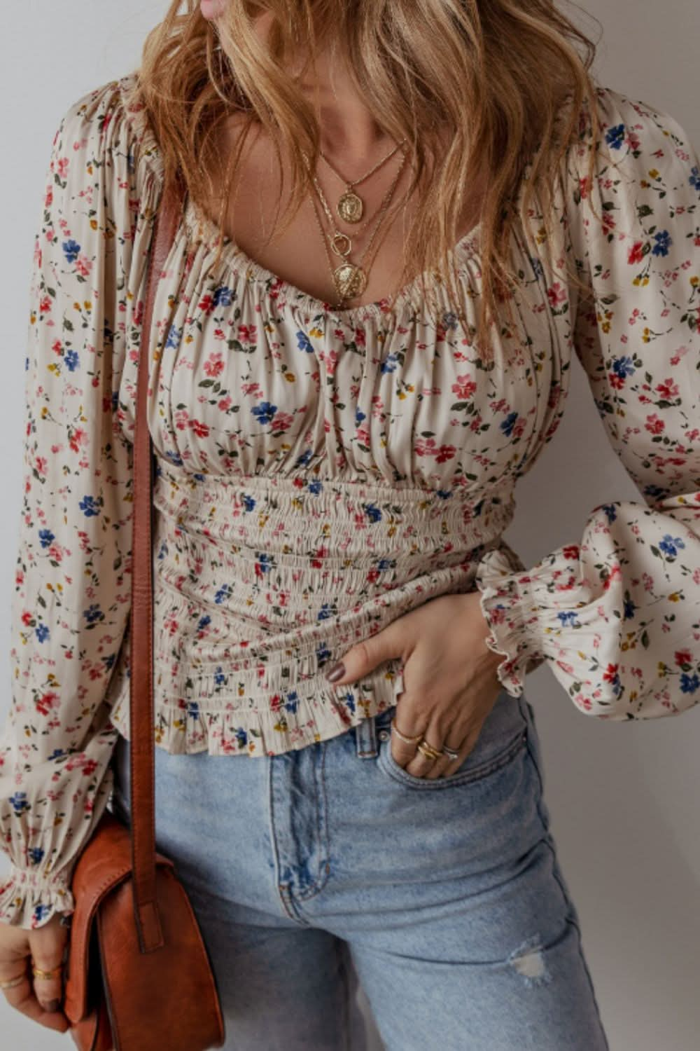 Ruched Floral Print Long Sleeve Scoop Neck Top