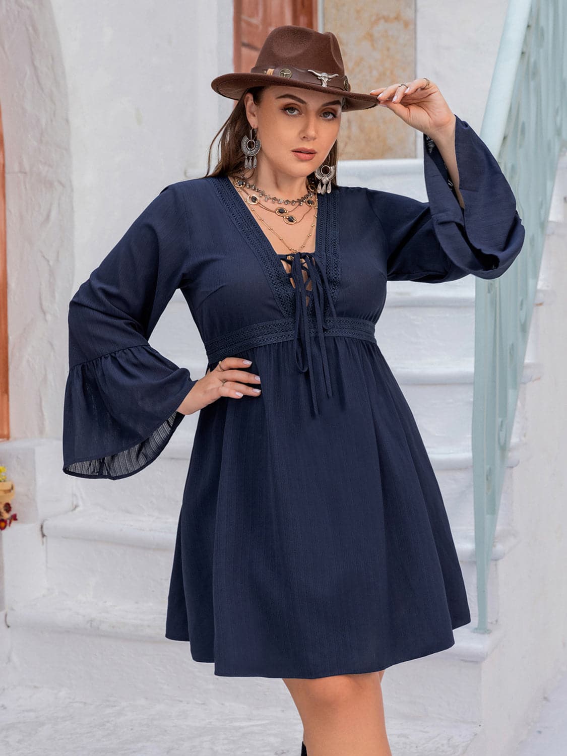 Plus Size Tie Front V-Neck Flare Sleeve Dress.