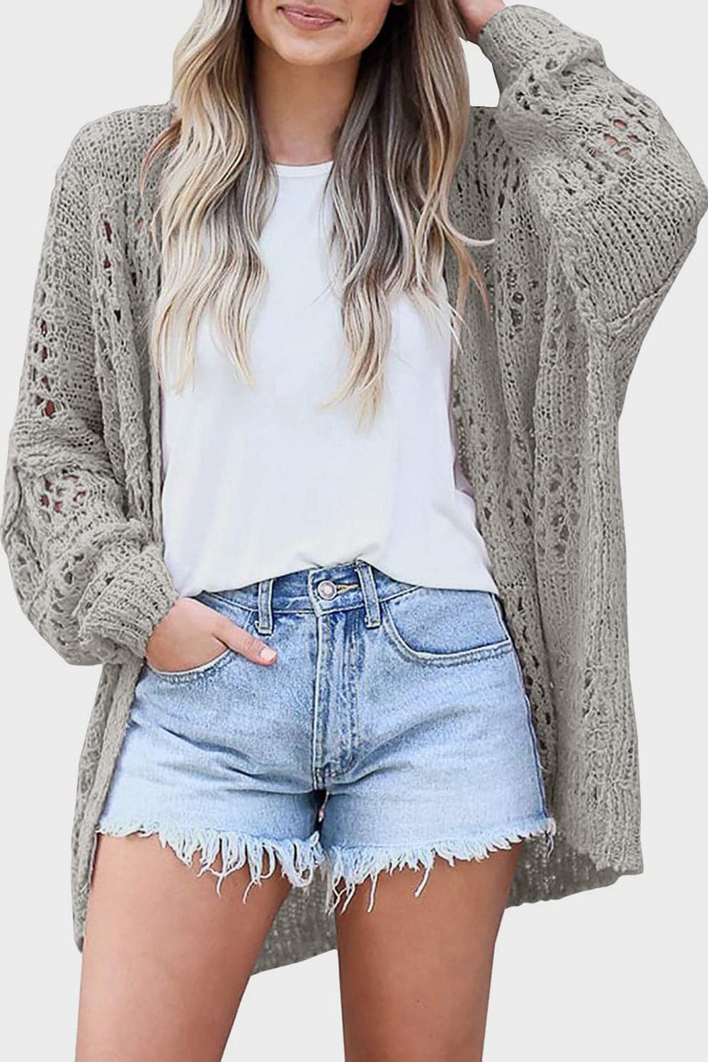 Openwork Open Front Long Sleeve Cardigan.