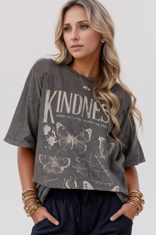 Kindness Butterflies Graphic Mineral Wash Loose Tee Simply Love