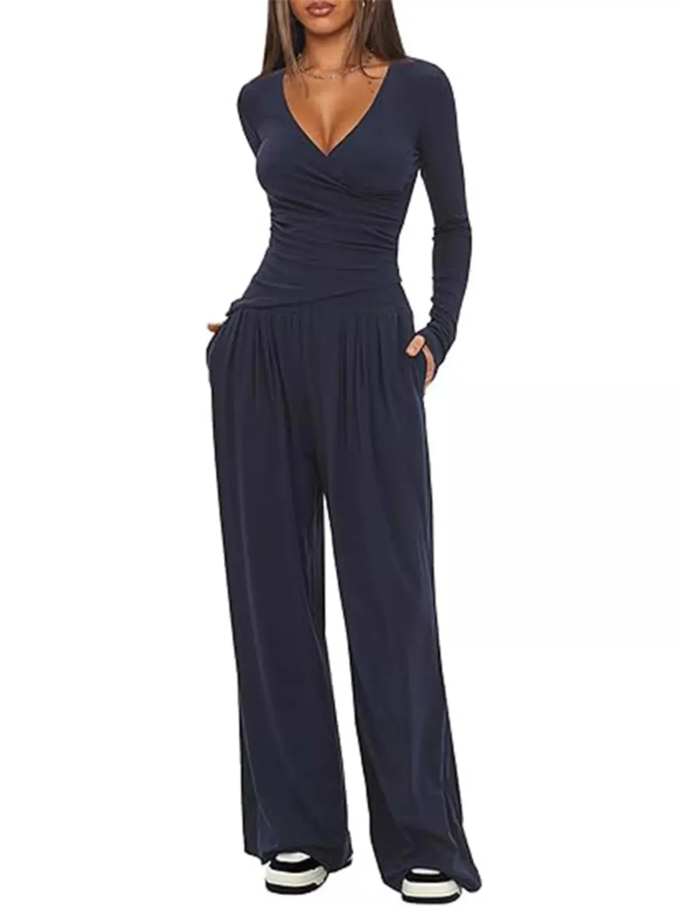 Casual Brown Long Sleeve Wrap Top And Wide Leg Pants Two-Piece Set Simply Love
