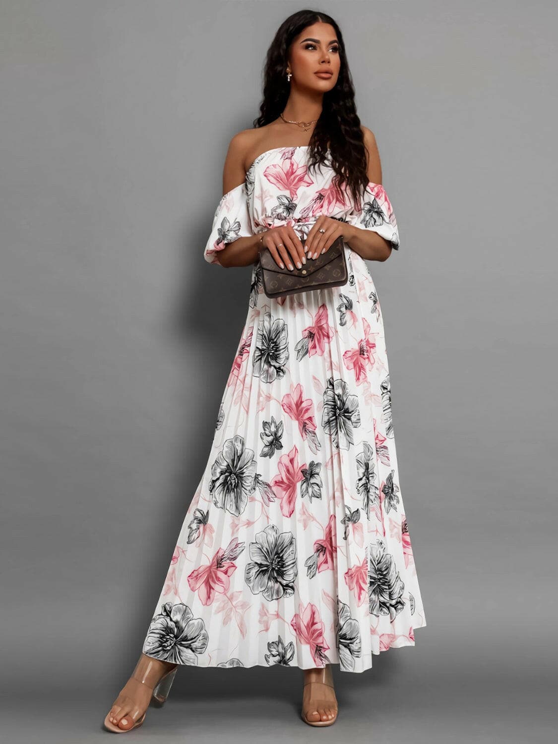 Pleated Floral Off-Shoulder Short Sleeve Midi DressPleated Floral Off-Shoulder Short Sleeve Midi Dress
 Step into elegance with our Pleated Floral Off-Shoulder Short Sleeve Midi Dress. Embrace sophistication effortleLove Salve -Shoulder Short Sleeve Midi Dressjust arrived