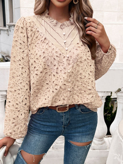 Frill Round Neck Long Sleeve Shirt.