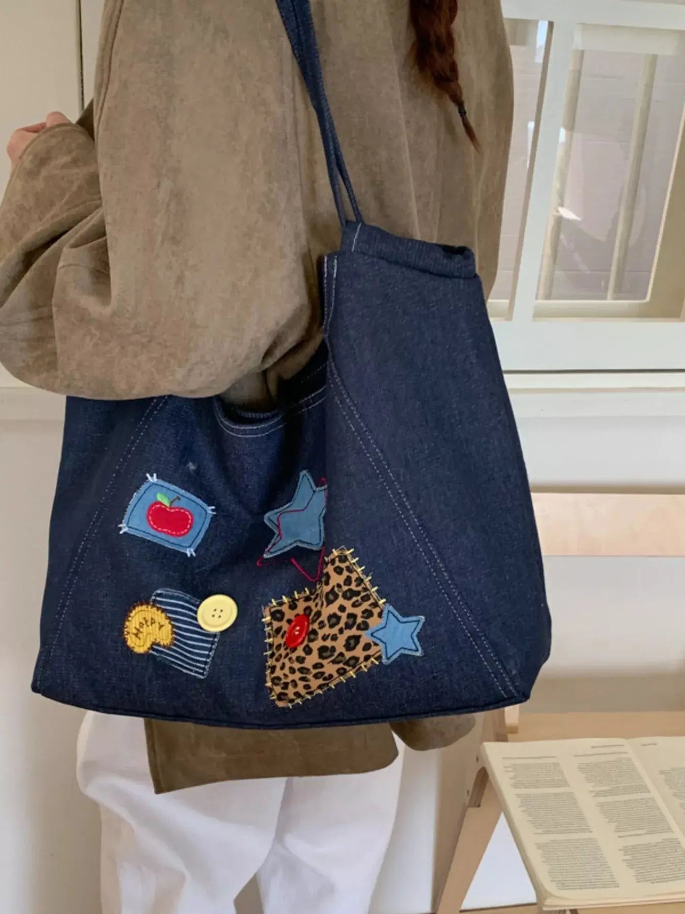Denim Patchwork Embellished Handbag Simply Love