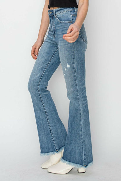 RISEN High Rise Frayed Hem Bootcut Jeans.