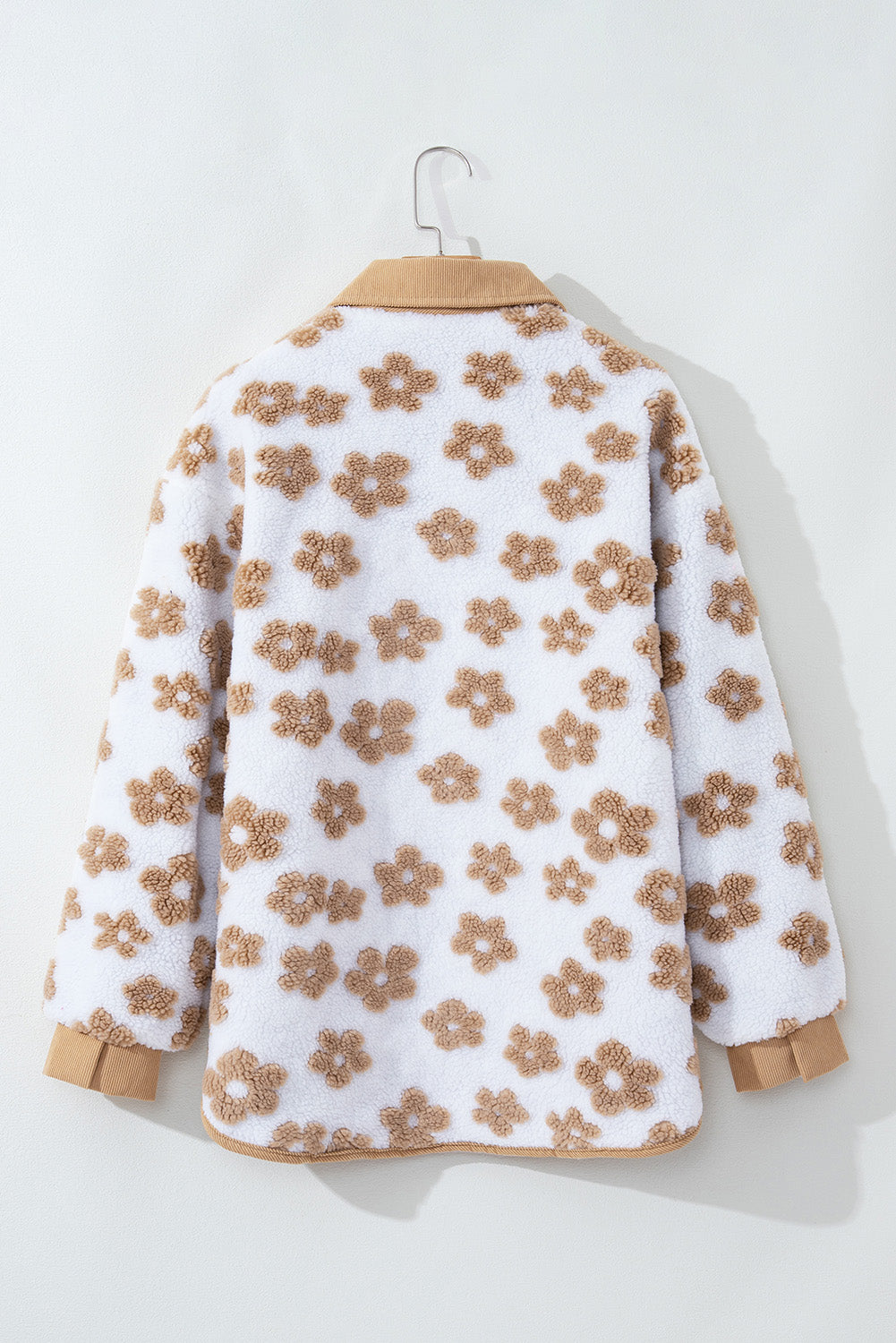 Charming beige fleece jacket with cute flower patterns and button-up design