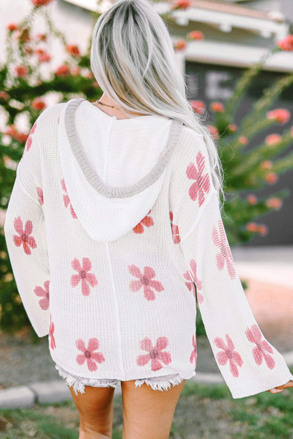 Flower Dropped Shoulder Hooded Sweater.