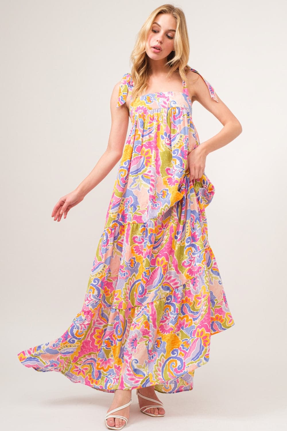 And The Why Full Size Printed Tie Shoulder Tiered Maxi Dress.