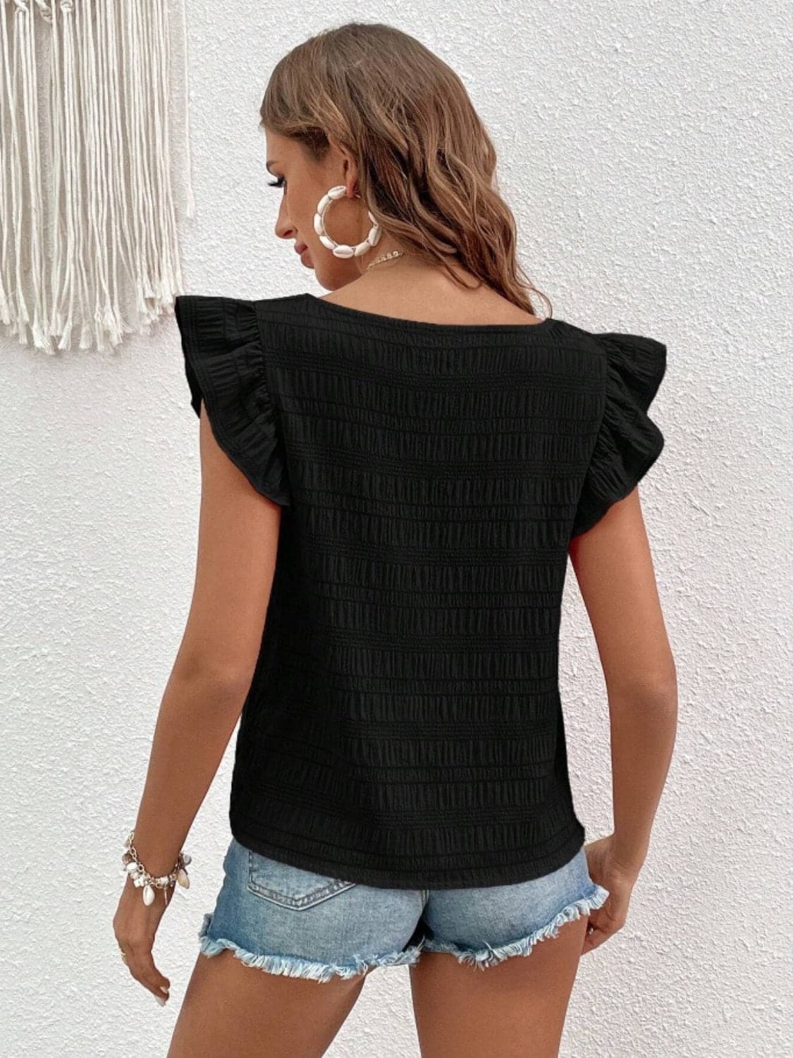 Ruffled Square Neck Cap Sleeve Blouse.