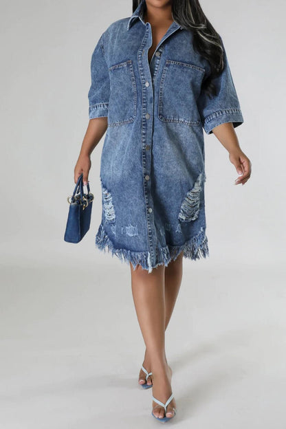 Distressed Raw Hem Button Up Denim Dress.