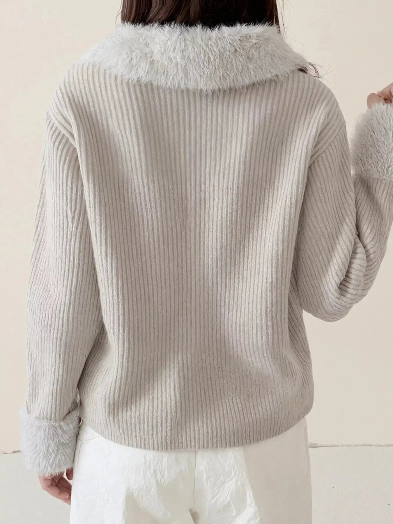 Fluffy Trim Zip-Up Cardigan Simply Love