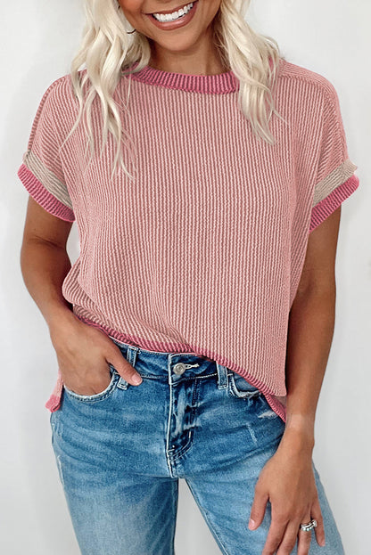 Light pink textured round neck t-shirt with stylish contrast trim