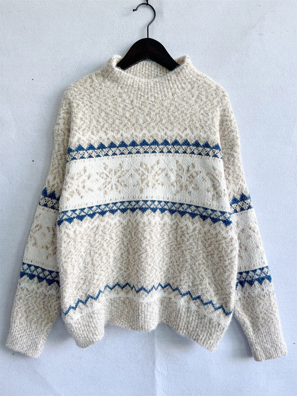 Geometric Mock Neck Dropped Shoulder Sweater.