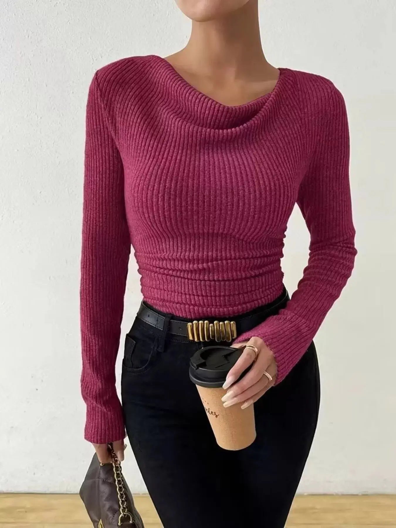 Cowl Neck Ribbed Knit Top Simply Love