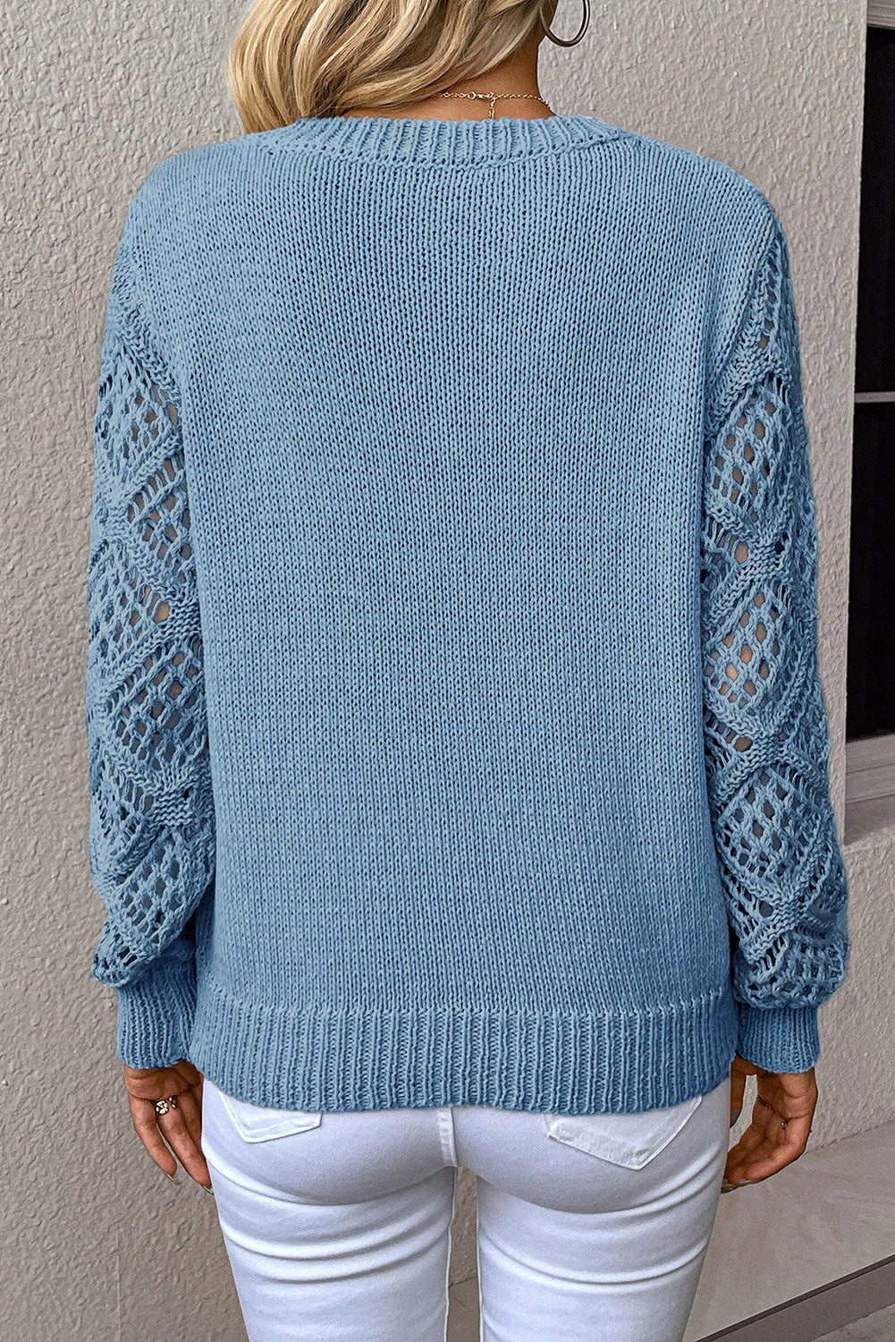 Beau Blue Solid V Neck Pointelle Knit Sleeve Patchwork Sweater Dear-Lover Dropshipping