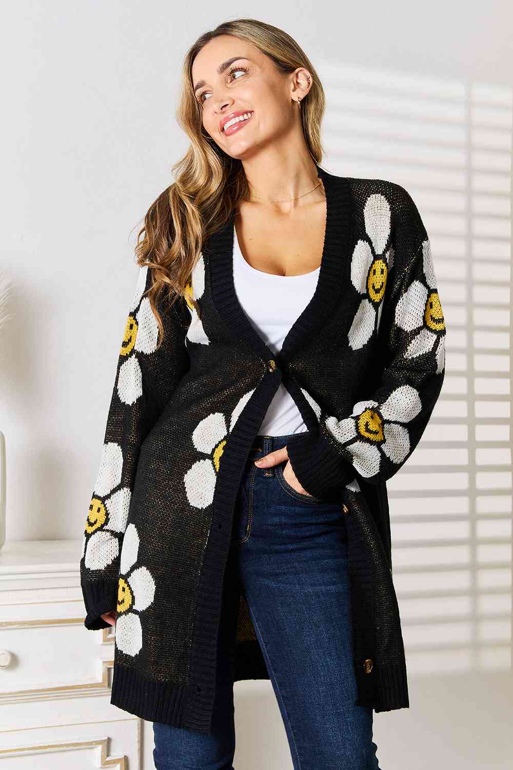 Double Take Floral Button Down Longline Cardigan - Love Salve