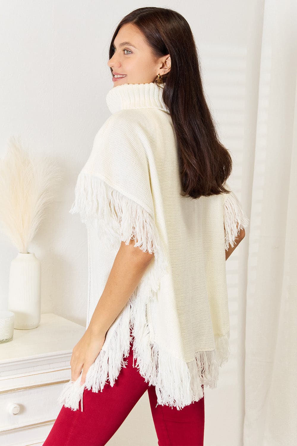 Justin Taylor Turtle Neck Fringe Poncho.