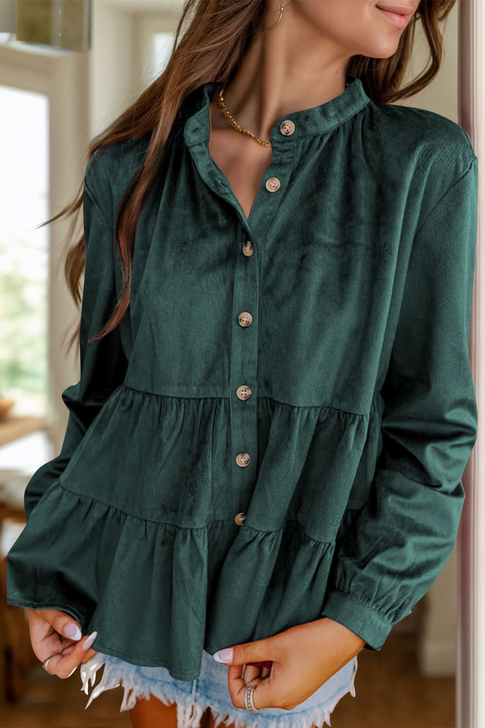 Chic peplum long sleeve button-up top