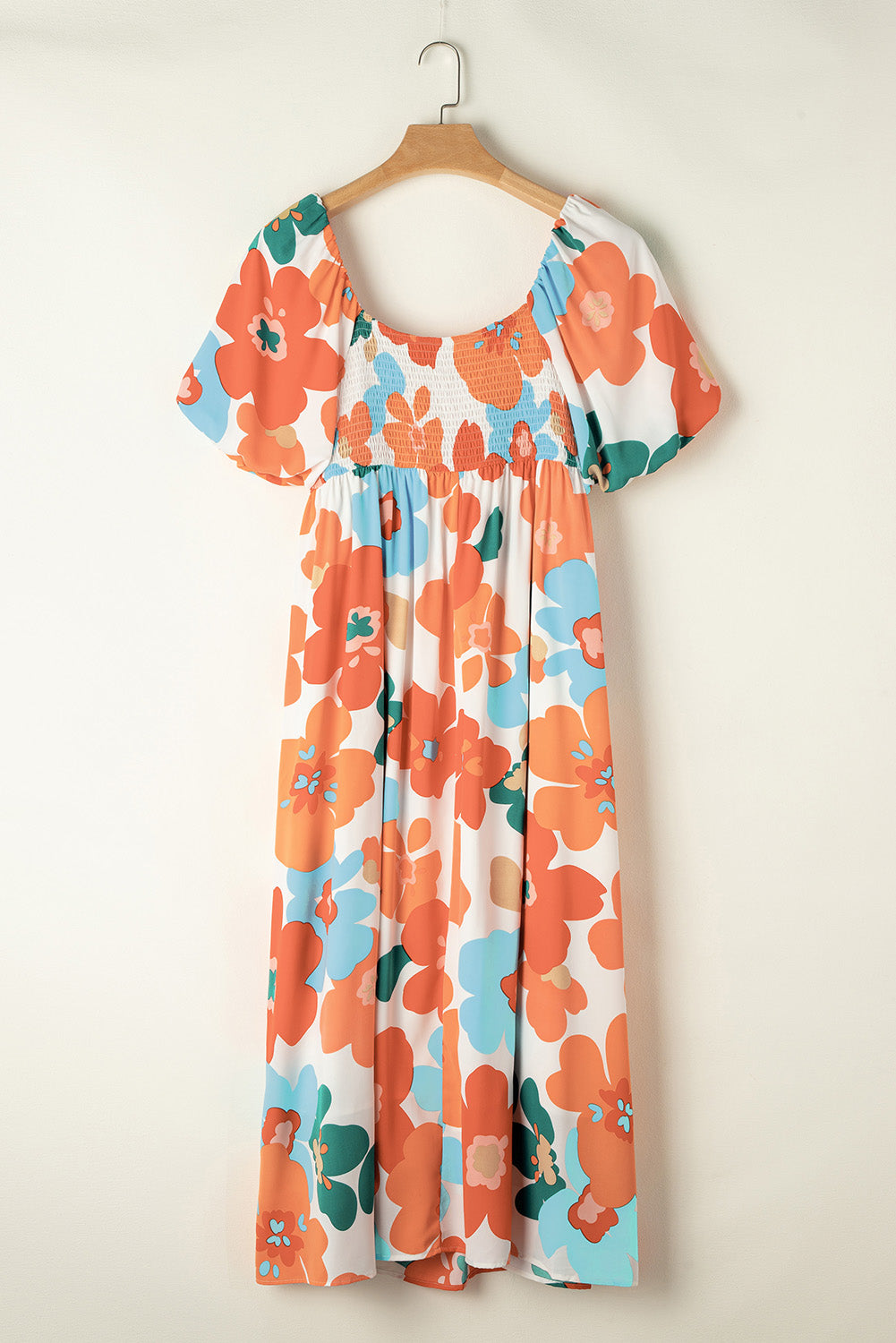 Charming orange floral print plus size maxi dress with shirred detailing