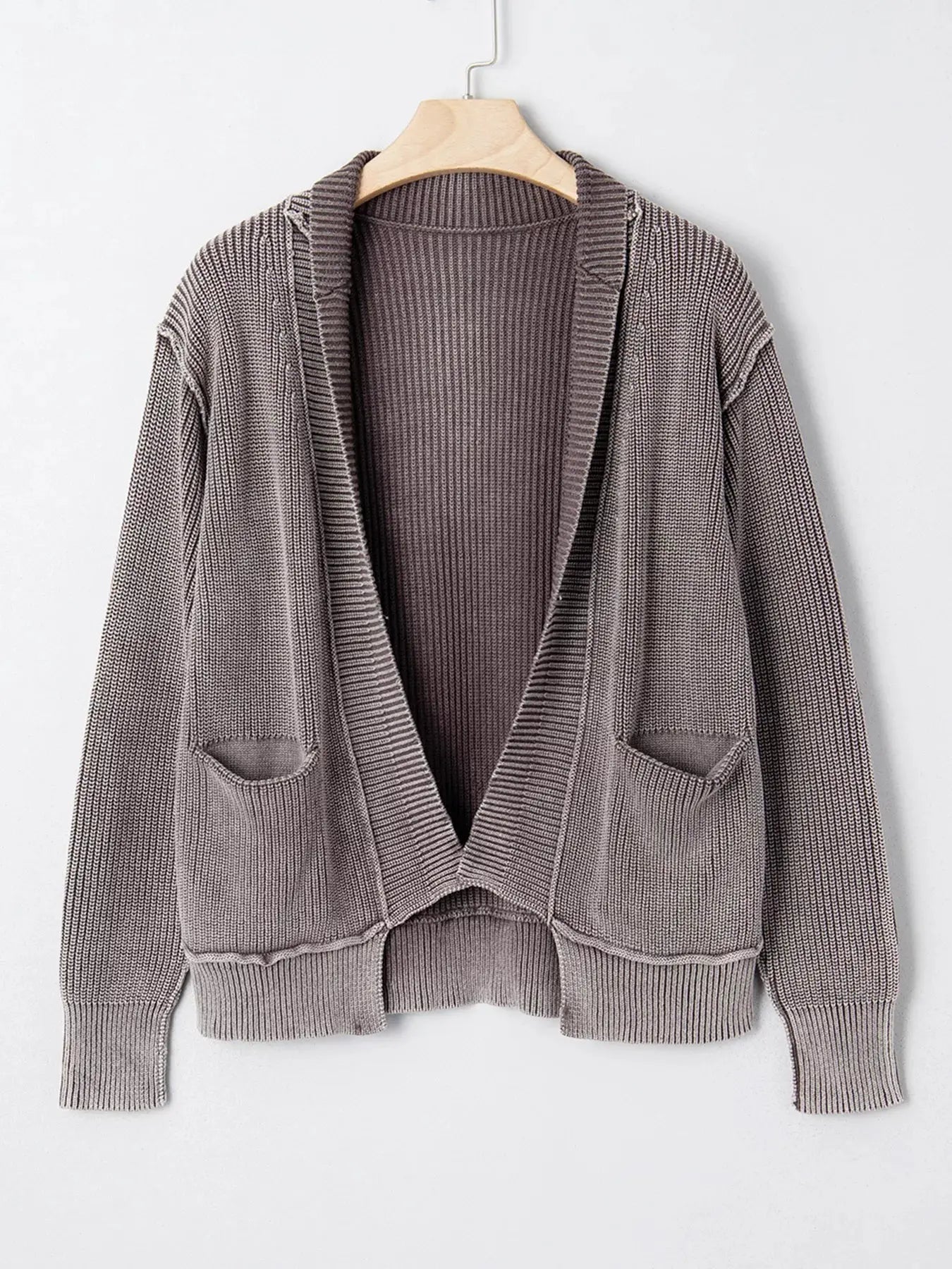 Mineral Wash Exposed Seam Patchwork Knit Open Sweater Cardigan Simply Love