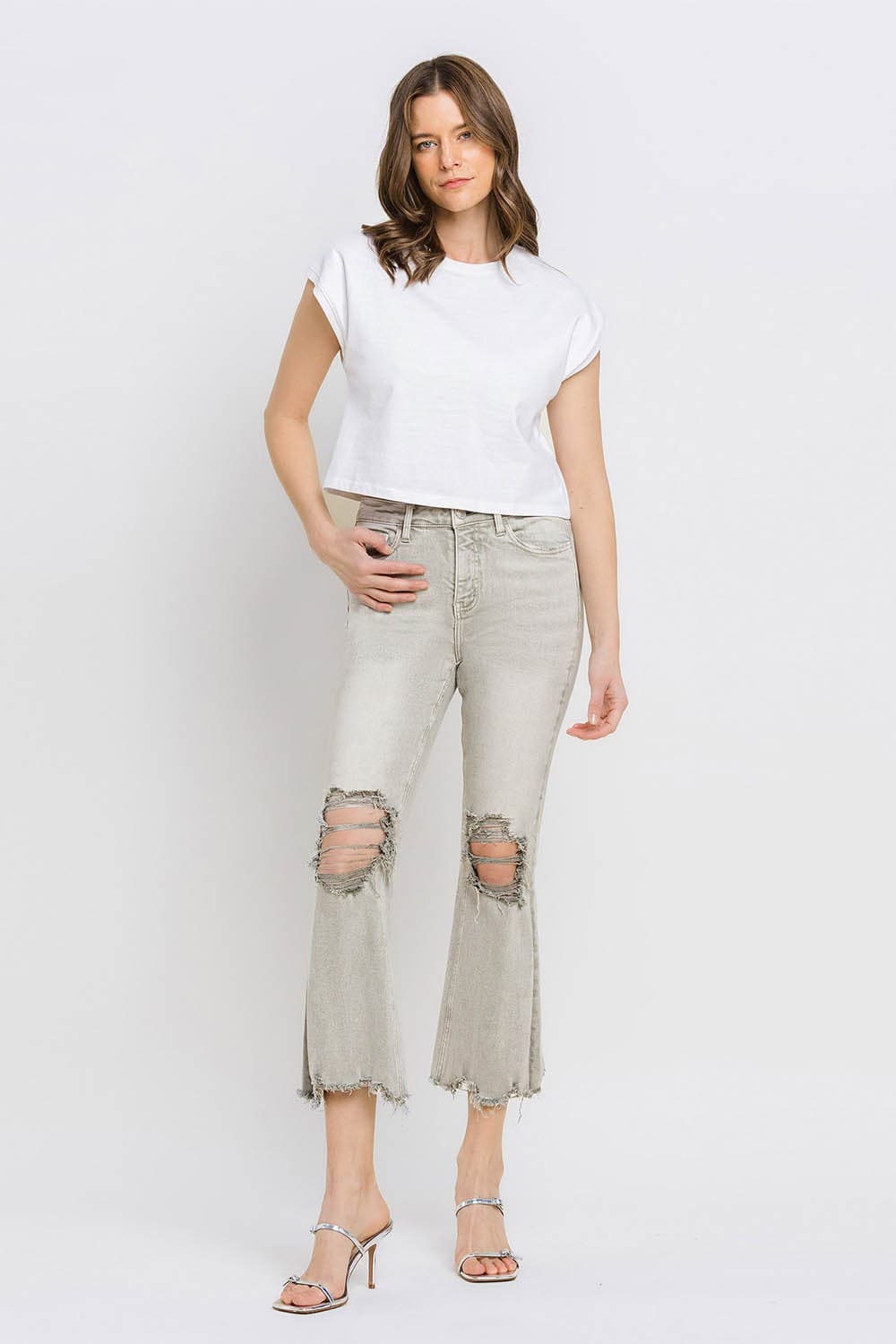 Lovervet Distressed Raw Hem Cropped Flare Jeans.