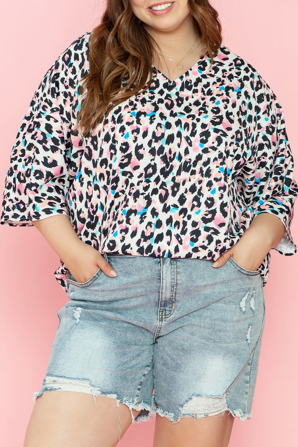 Plus Size Leopard V-Neck Three-Quarter Sleeve Blouse.