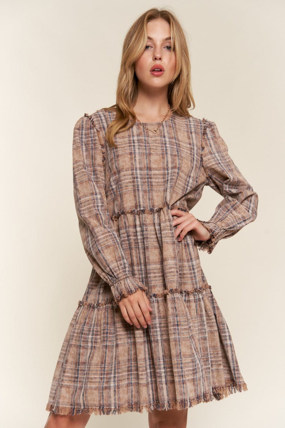 Chic and comfy tiered plaid dress with frayed edges