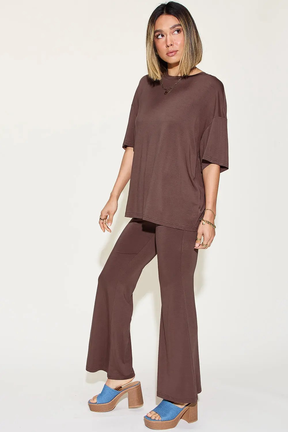 Basic Bae Full Size Bamboo Drop Shoulder T-Shirt and Flare Pants Set - Love Salve