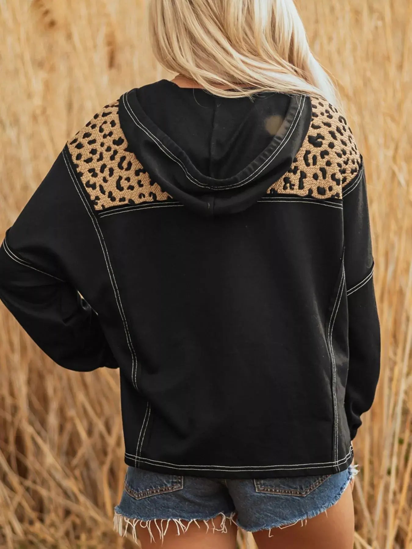 Leopard Patchwork Quarter Zip Hoodie With Contrast Stitching And Knotted Cuffs Simply Love