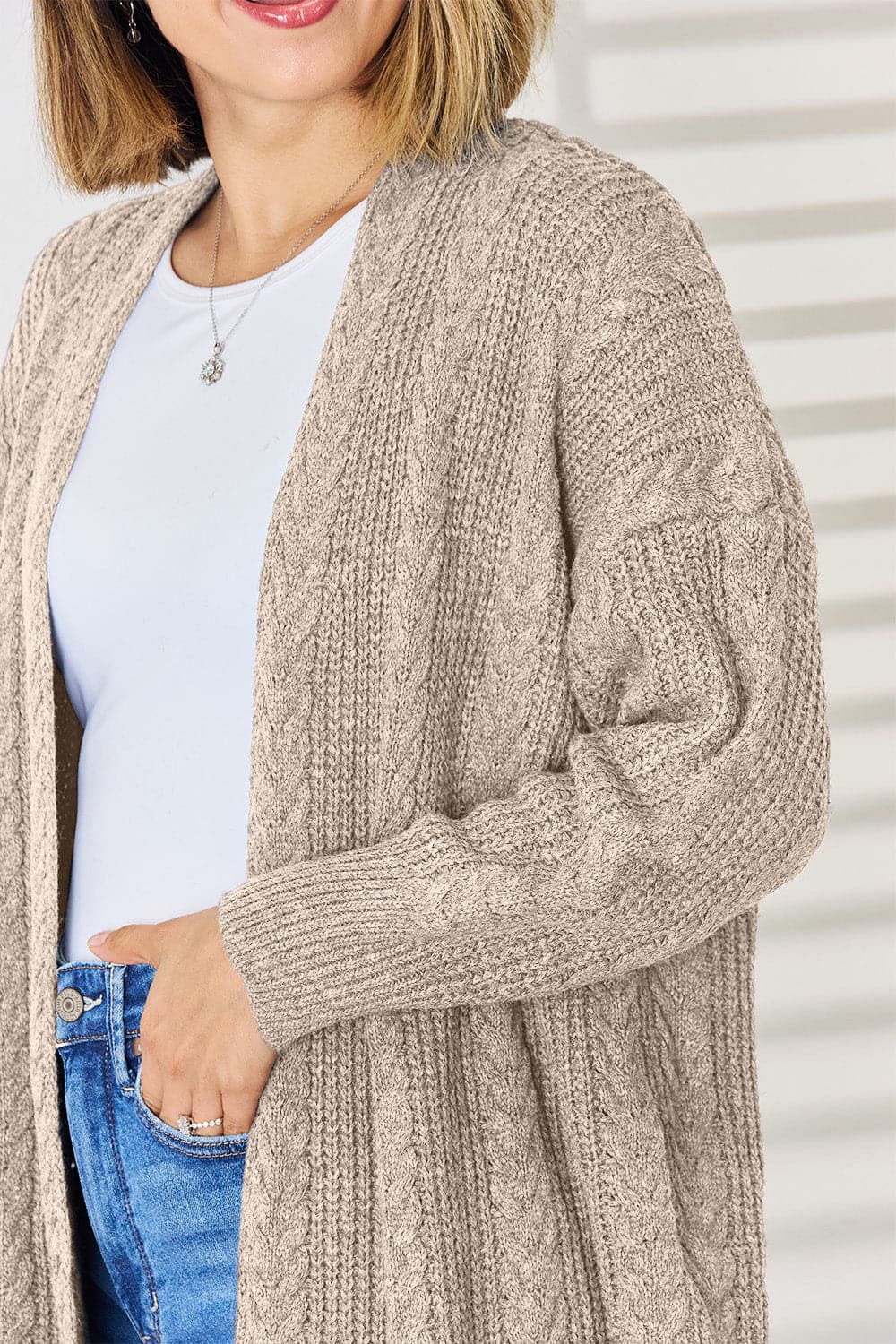 Cable-Knit Open Front Dropped Shoulder Cardigan.