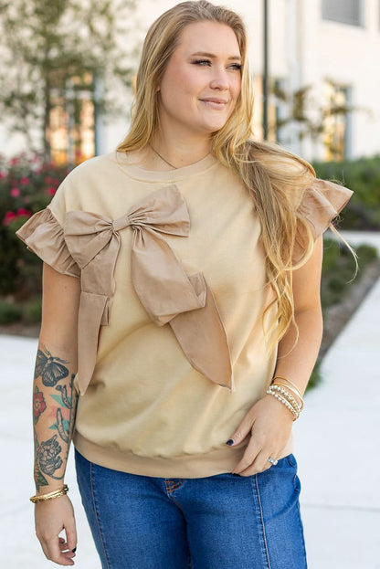 Parchment Plus Size Bowknot Applique Ruffled Short Sleeve Top