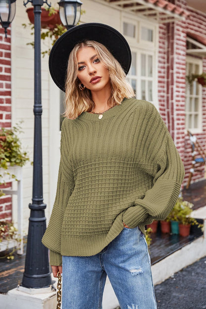 Ribbed Drop Shoulder Lantern Sleeve Sweater.