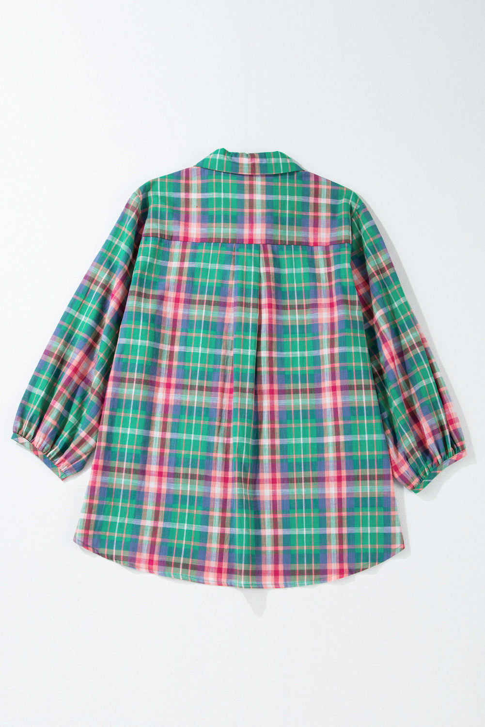 Casual green plaid 3/4 sleeve button-up shirt