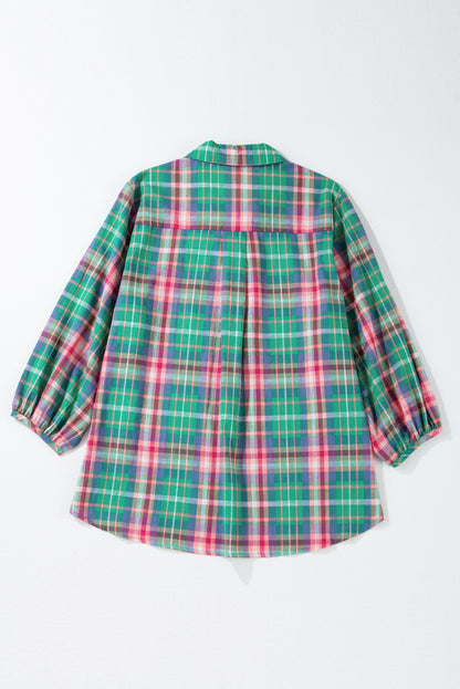 Casual green plaid 3/4 sleeve button-up shirt