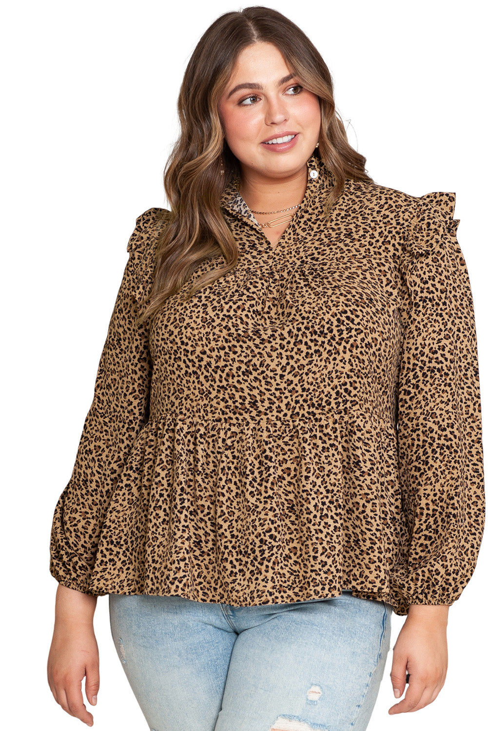 Chic leopard ruffle sleeve plus size babydoll top