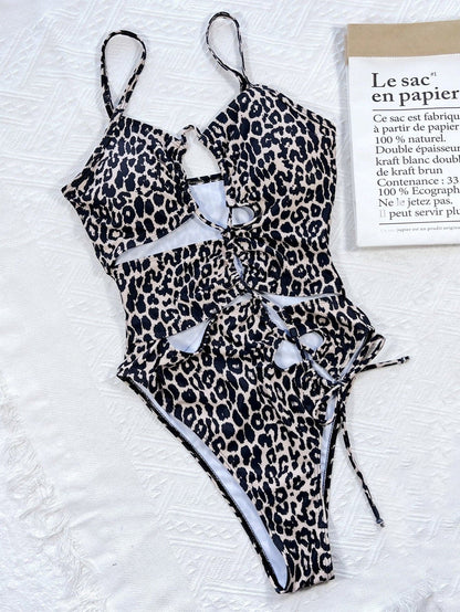 Leopard Cutout Tied One-Piece Swimsuit.