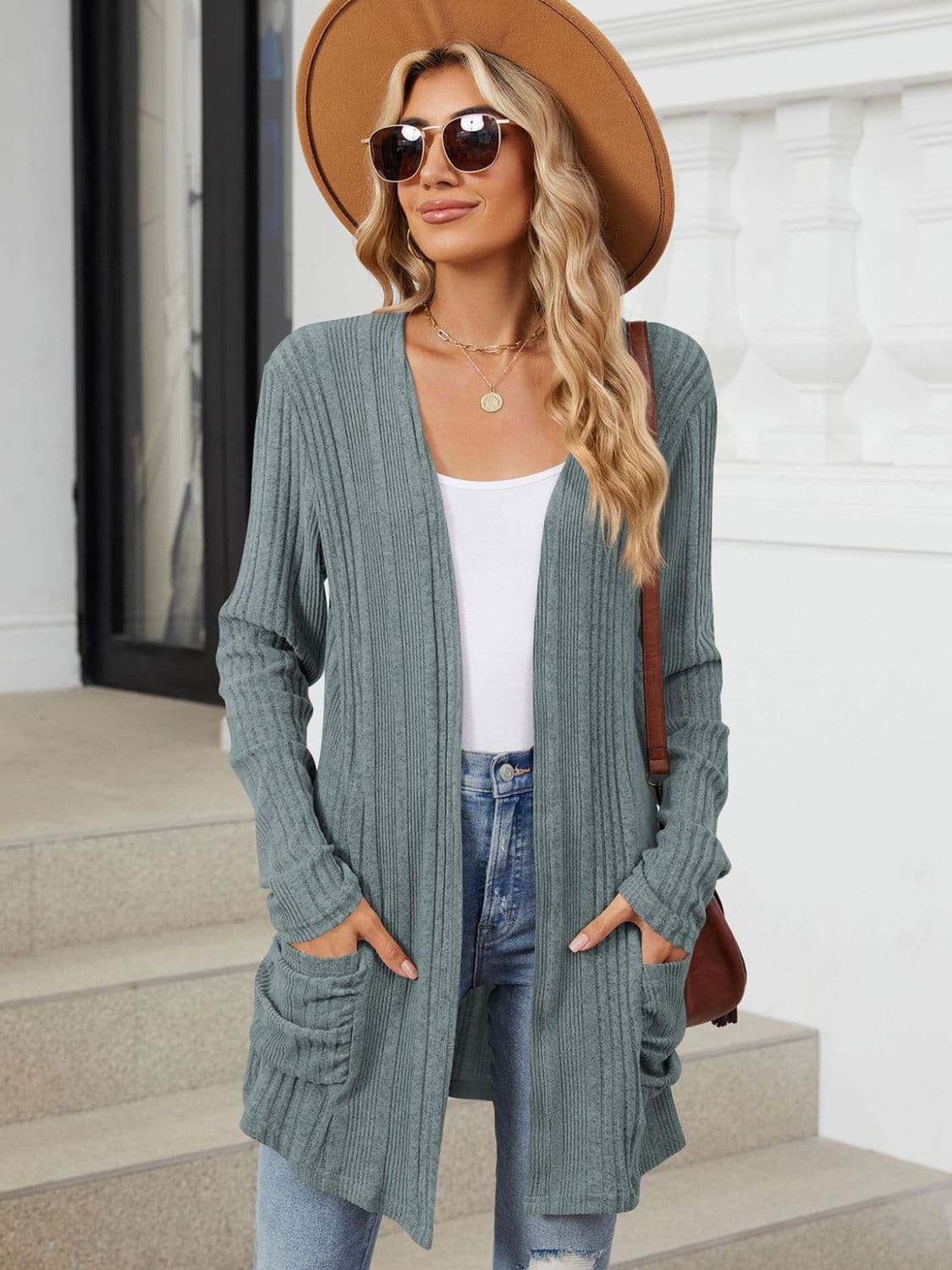 Pocketed Open Front Long Sleeve Cardigan.