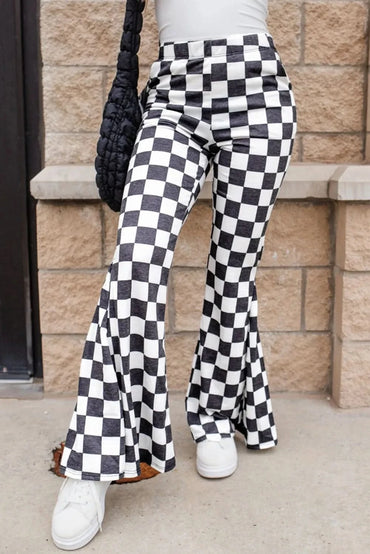 Trendy checkered flare trousers with convenient pockets