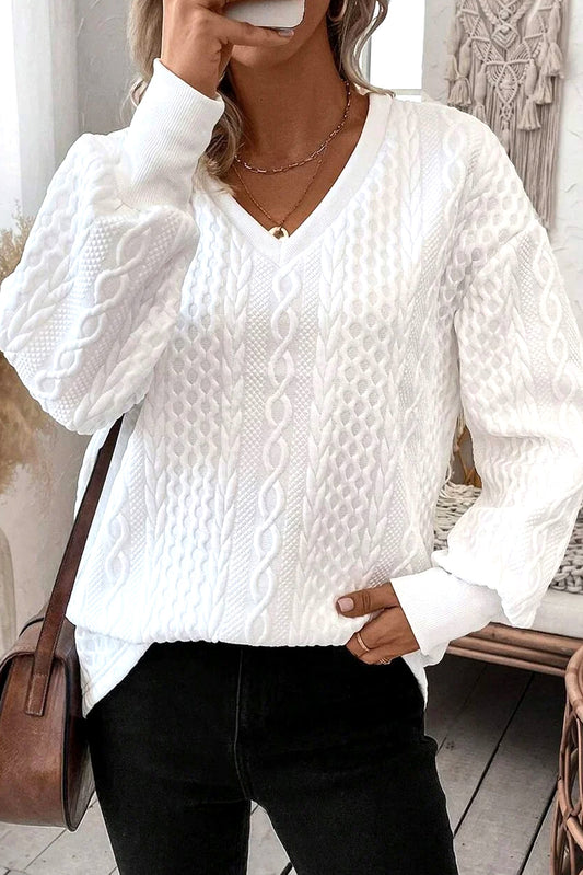 White Solid Color Textured Knit Top With V Neck And Drop Shoulder For Casual Everyday Wear Dear-Lover Dropshipping
