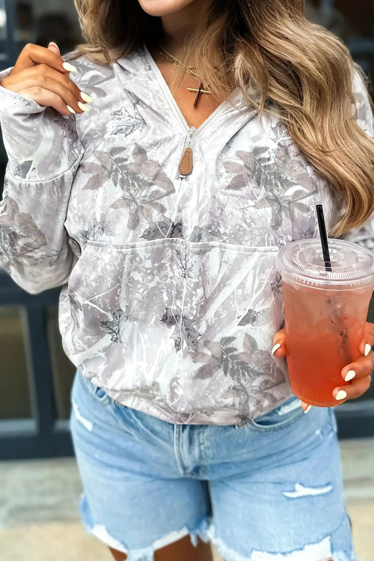 Gray Camo Leaf Print Kangaroo Pocket Quarter Zip Hoodie Dear-Lover Dropshipping