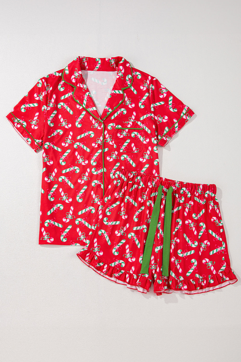 Festive Red Candy Cane Pocketed Pajama Set with Knotted Shorts