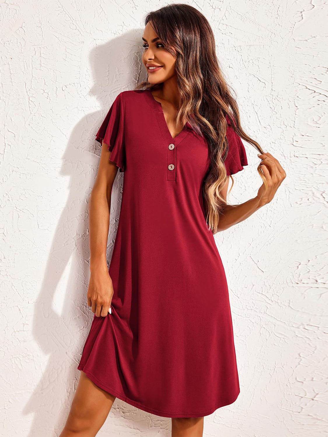 Notched Short Sleeve Lounge Dress.