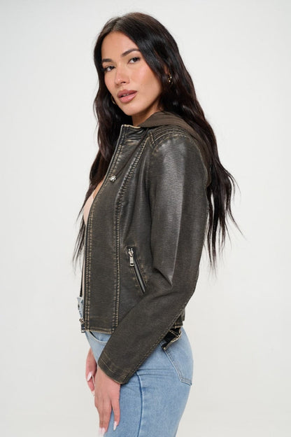 Vegan leather zip-up hoodie for a chic look