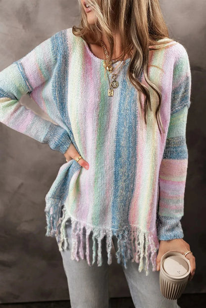 Fringe Color Block Round Neck Sweater.